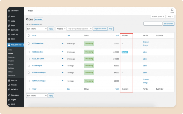 This image shows admin view Dokan shipping status_eCommerce Shipment tracking