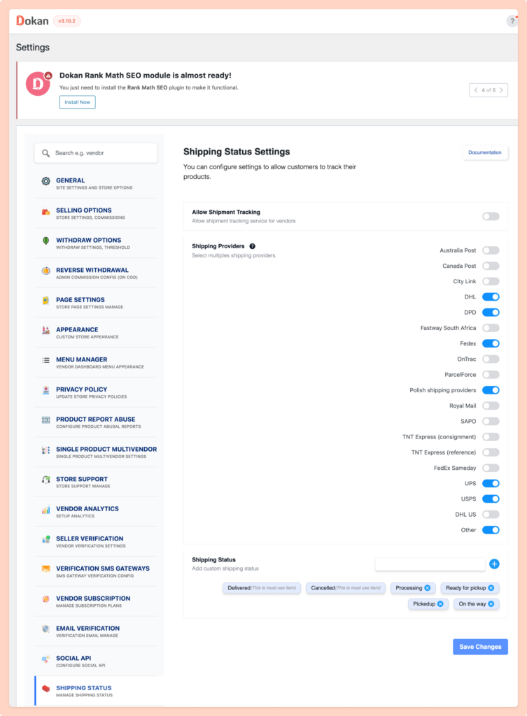 This is a screenshot of enabling shipping status for vendors_eCommerce Shipment tracking