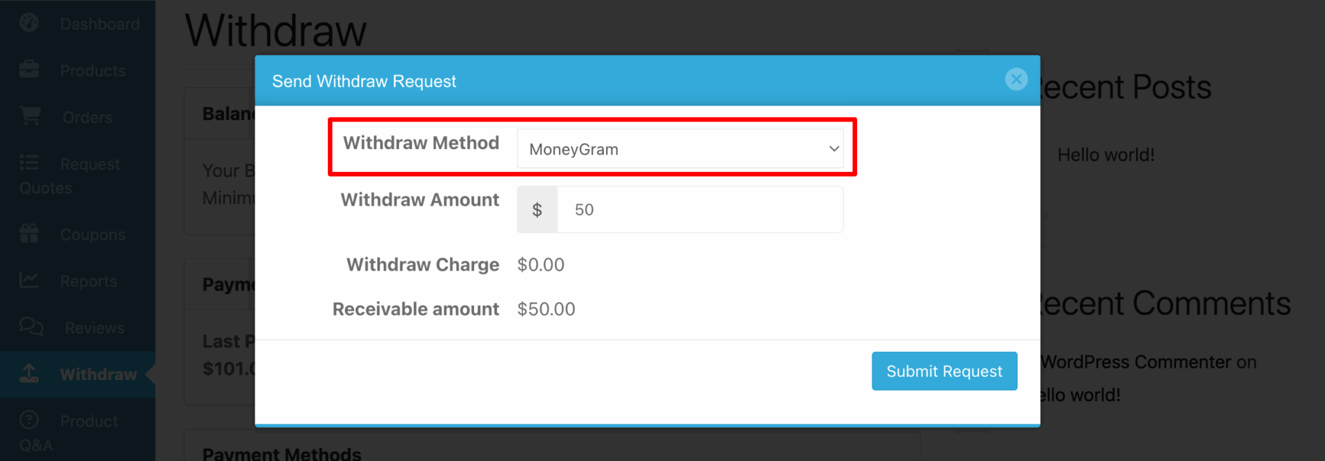 This image shows how to submit a payout request 