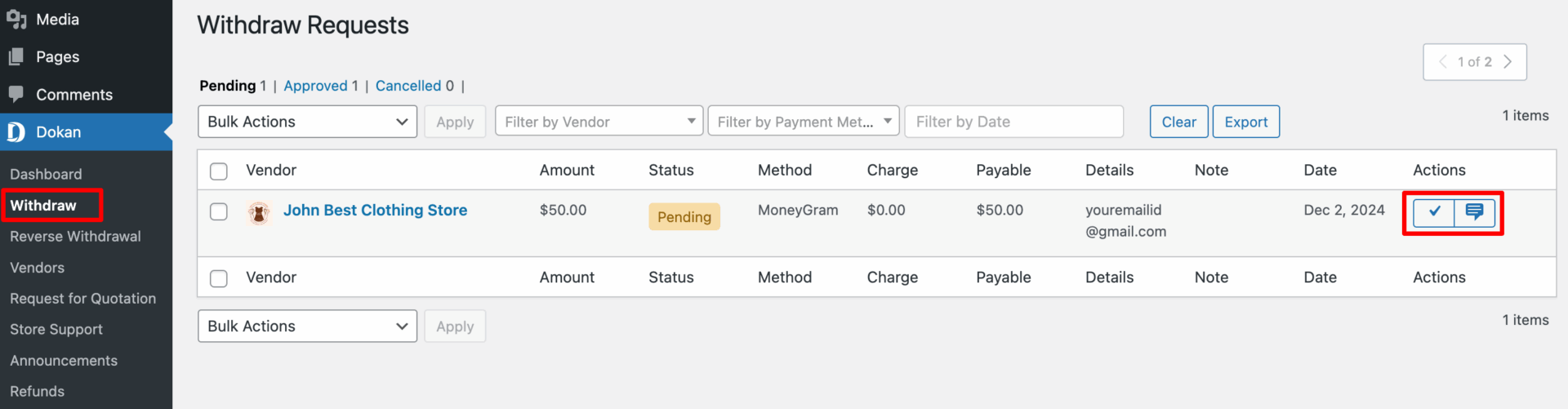 This is the withdraw requests list in the Admin dashboard 