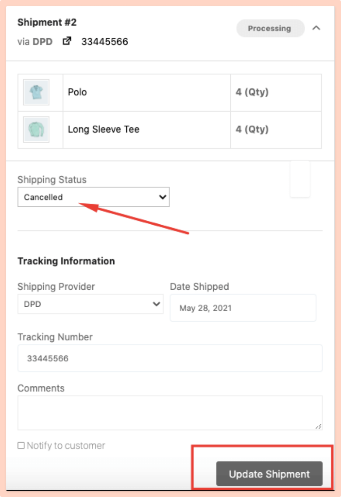 This image shows cancel order Dokan shipping status