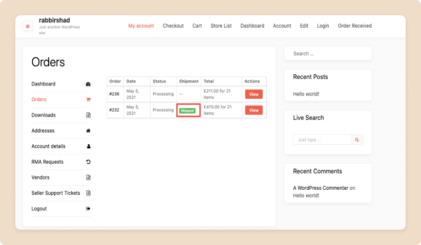 This image shows customer shipped Dokan shipping status