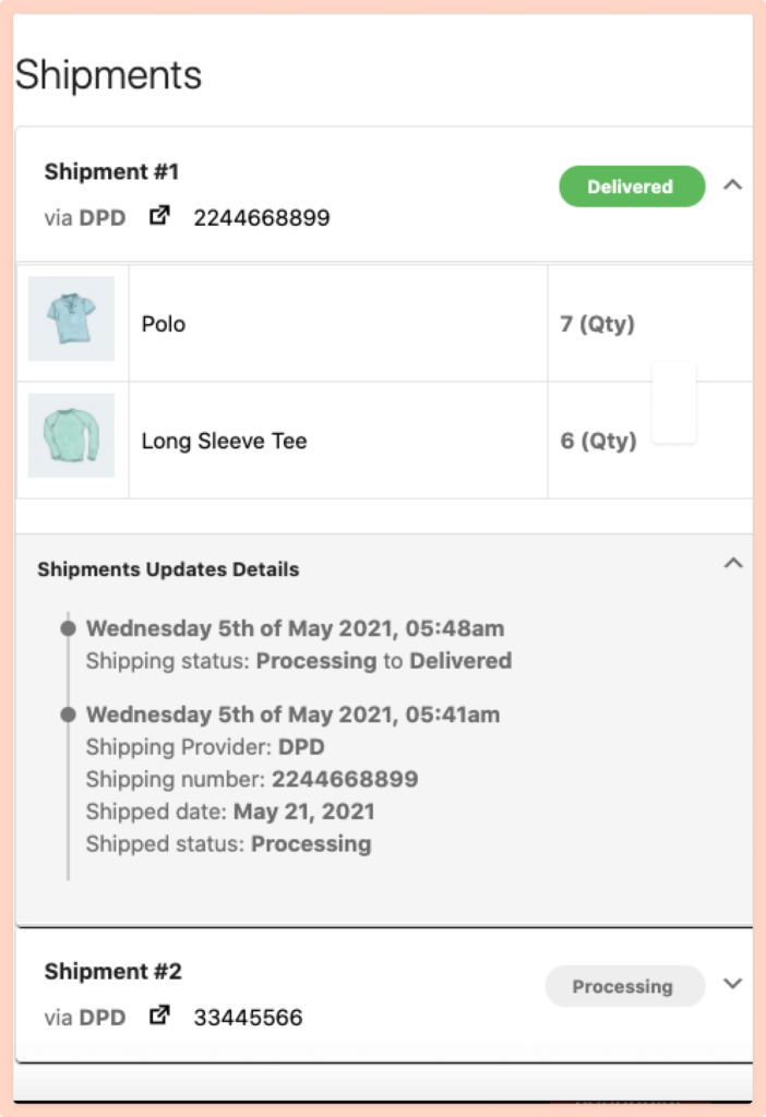 This image shows shipment details Dokan shipping status
