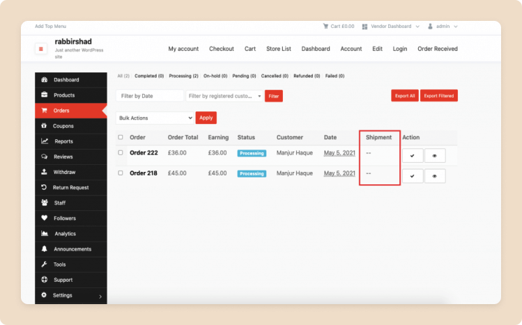 This image shows shipment tab_eCommerce Shipment tracking