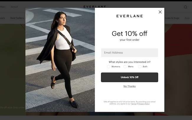 An example of exit intent popup everlane