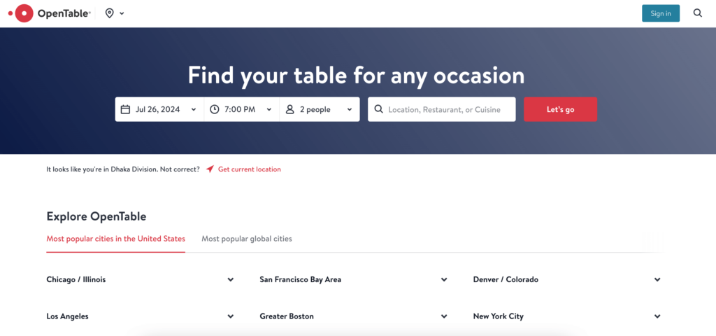 This is a screenshot of opentable