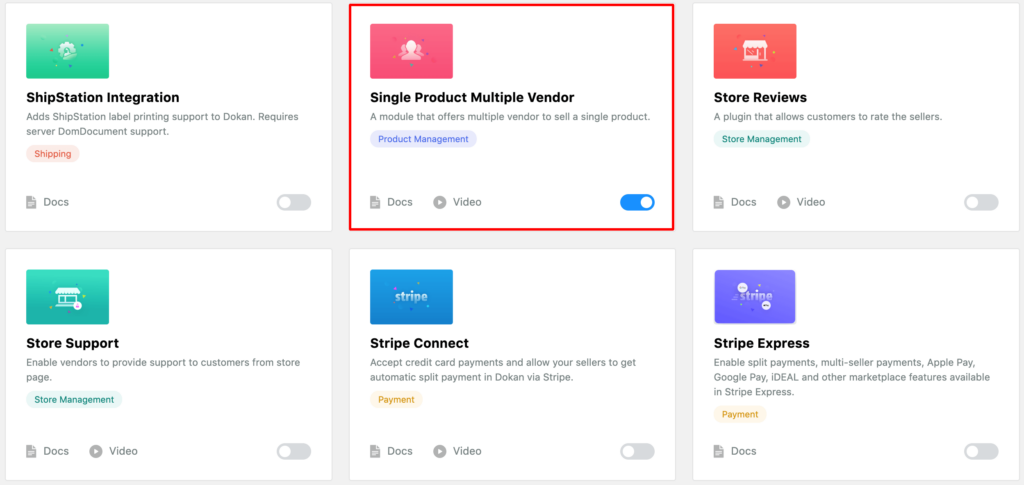 This is a screenshot to enable single product multiple vendor module on Dokan marketplace