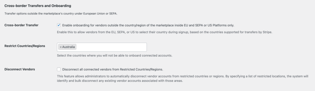 This is a screenshot of stripe express configuration for cross-border transfers and onboarding