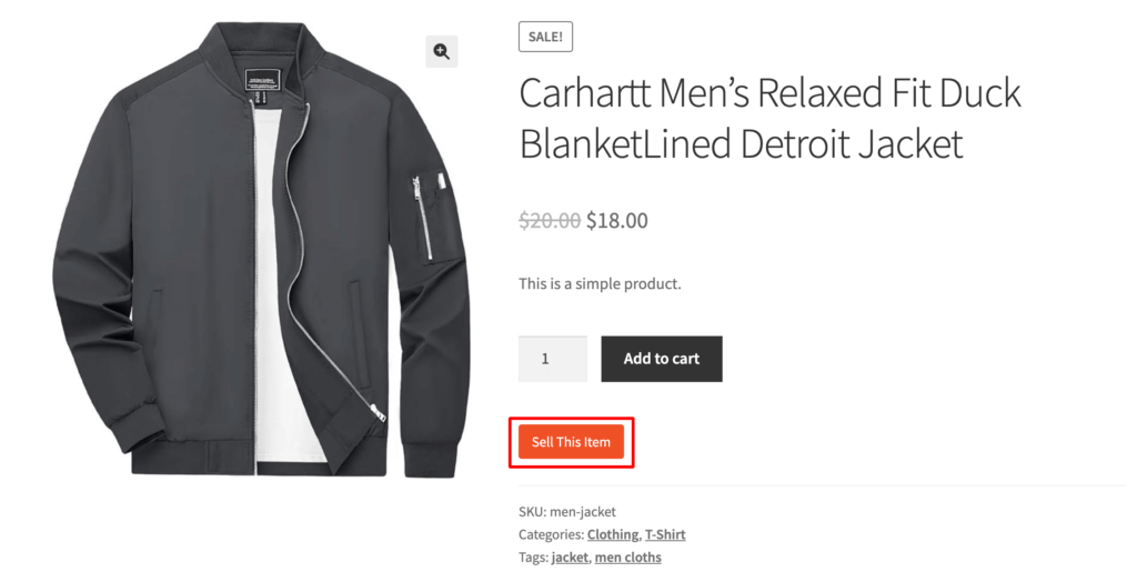 This is a screenshot of sell this item button to product page