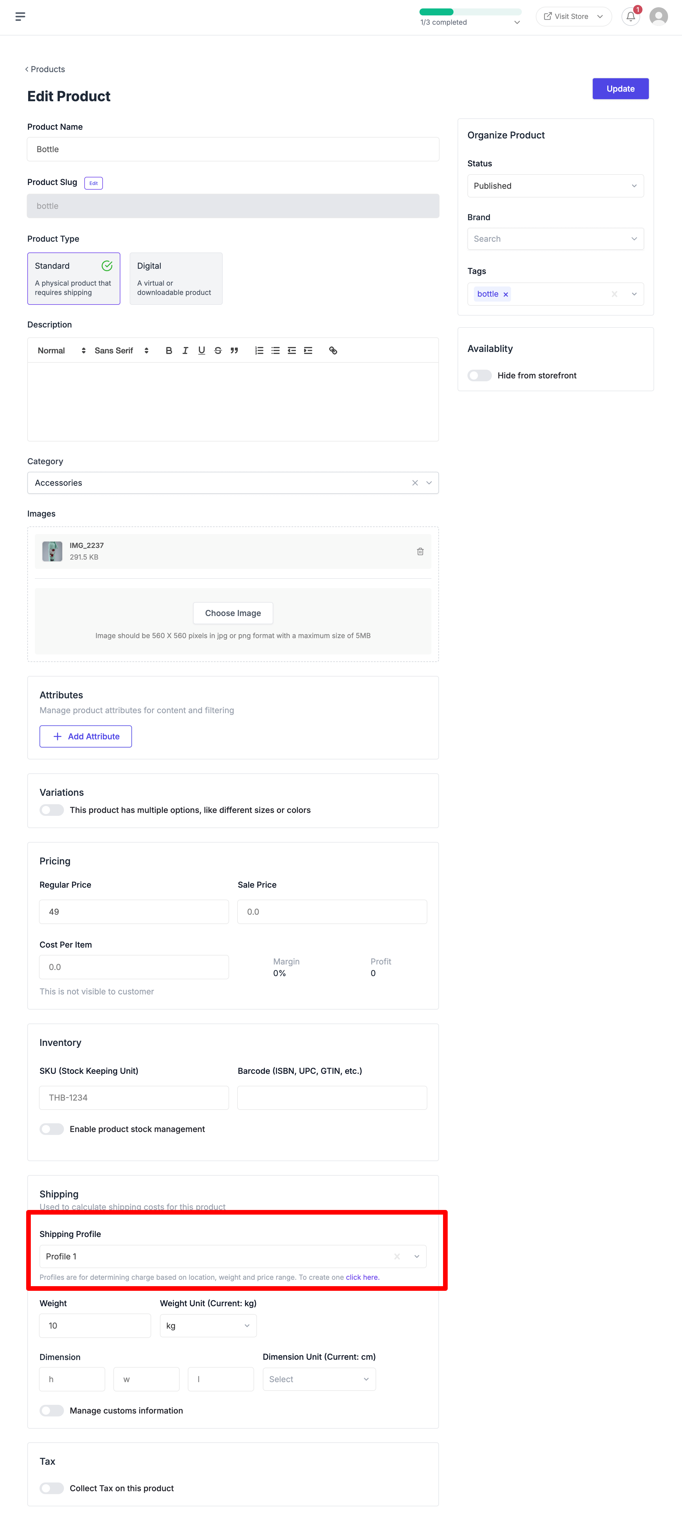 This is a screenshot of adding shipping profile to product