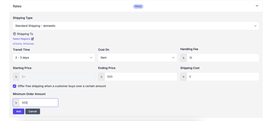 This is a screenshot of price based shipping configured