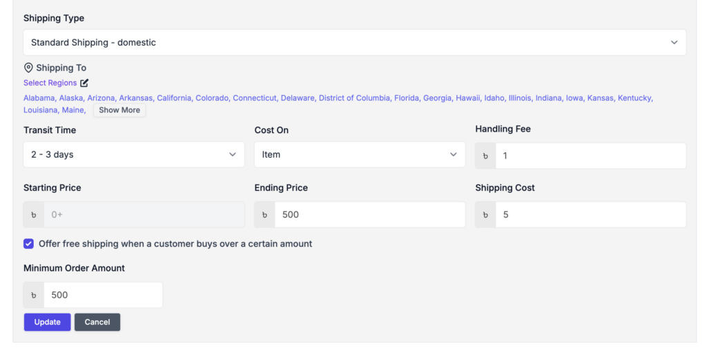 This is a screenshot of price based shipping second