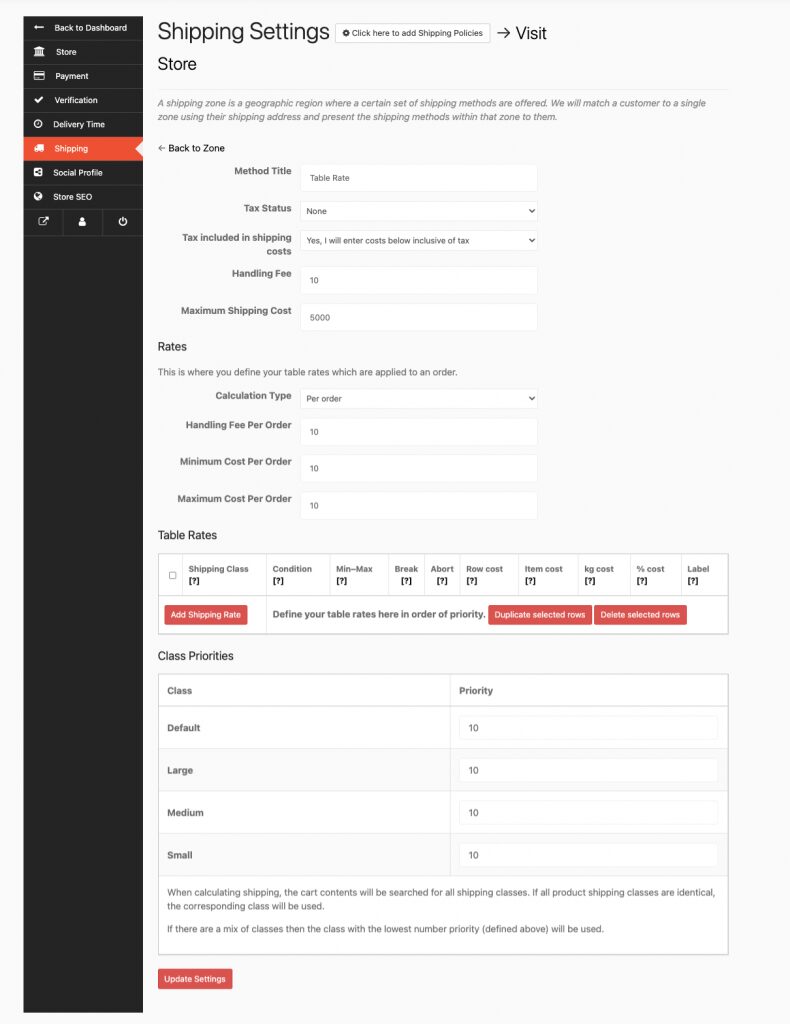 This is a screenshot of Dokan table rate shipping