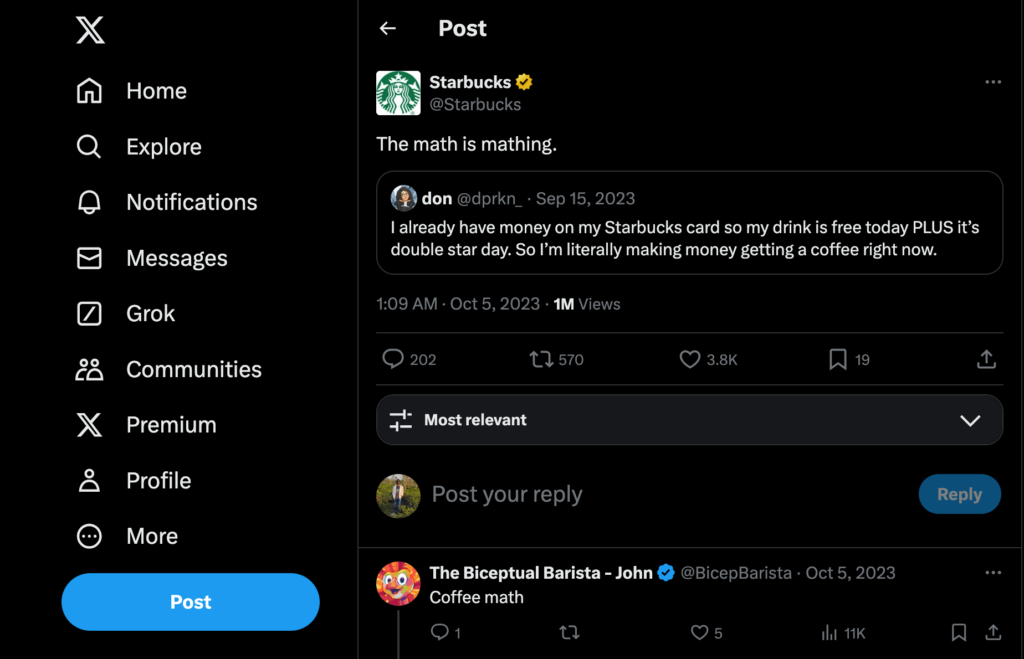 Starbucks twitter handle with starbucks replies