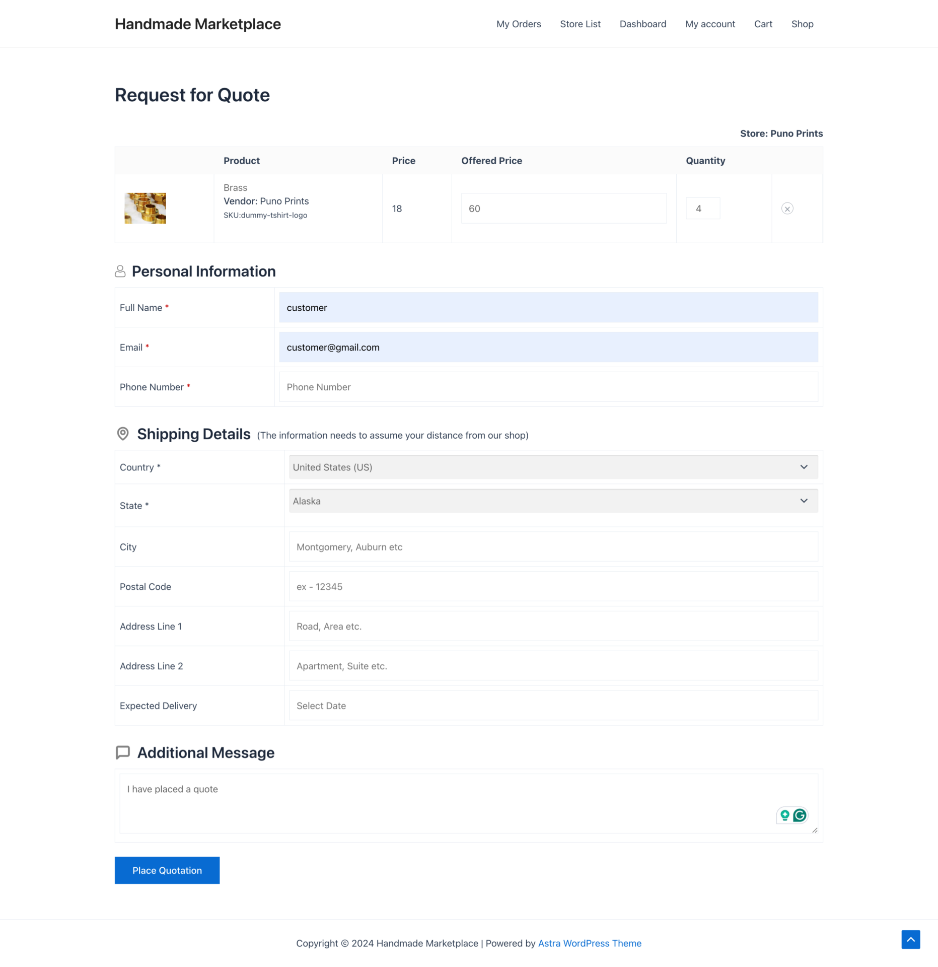 This is a screenshot of customer place quotaion form with price