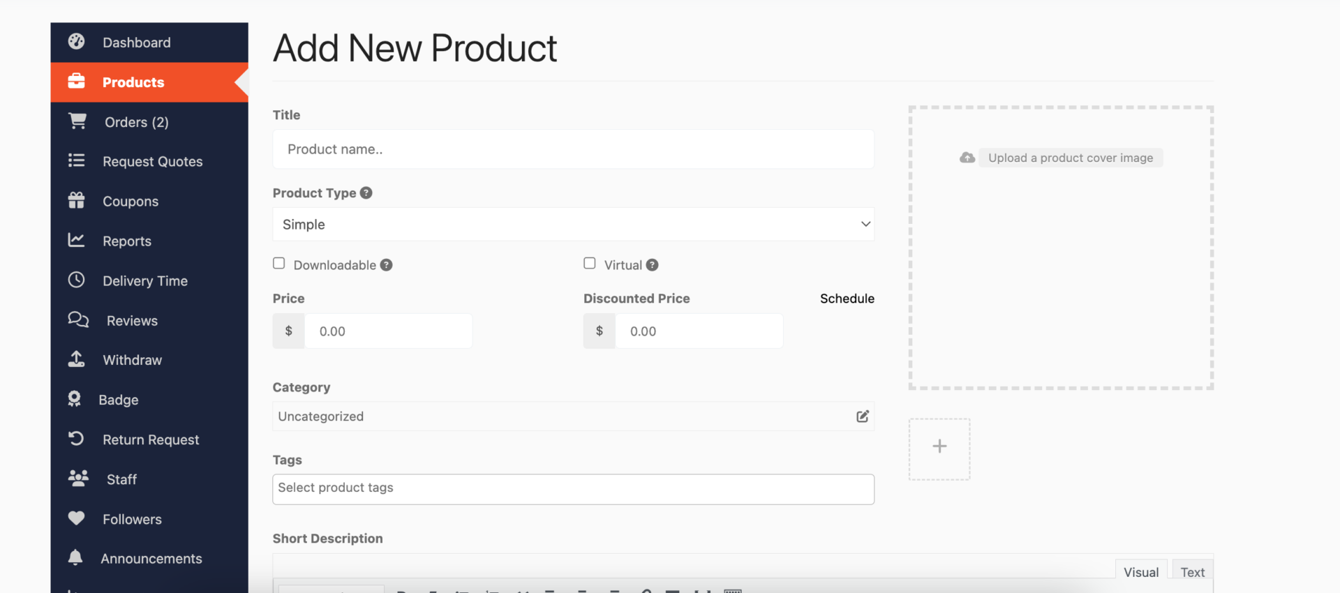 This is a screenshot of vendor product dashboard