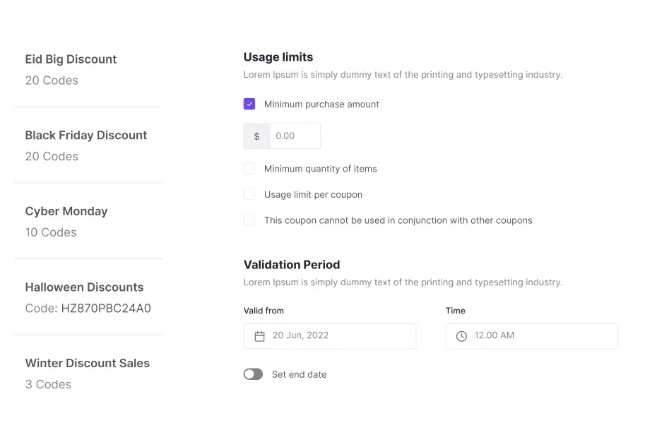 set minimum purchase amount to use the coupon