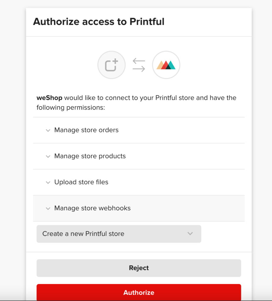 This is a screenshot of authorize access to printful