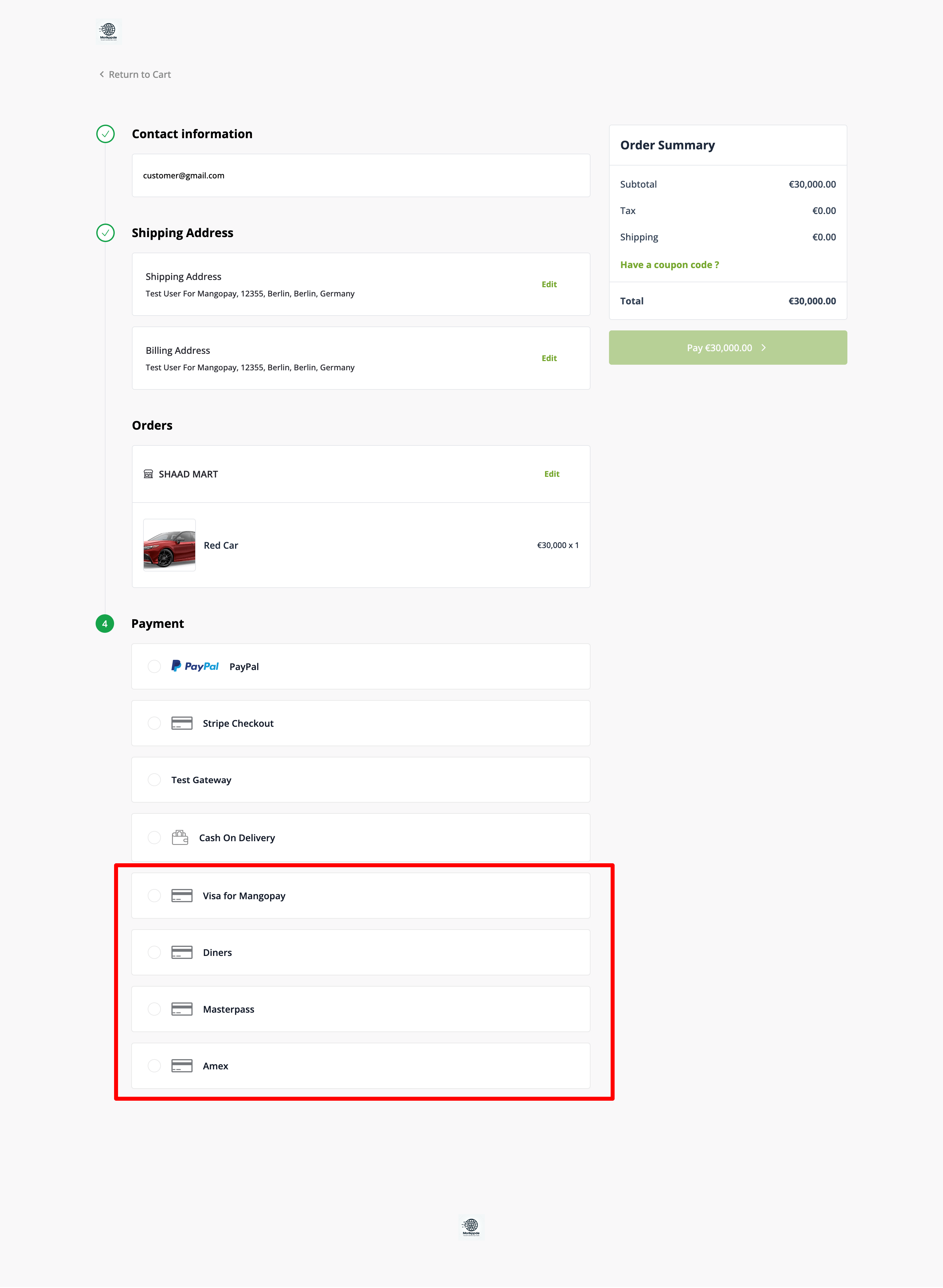 This is a screenshot of mangopay checkout