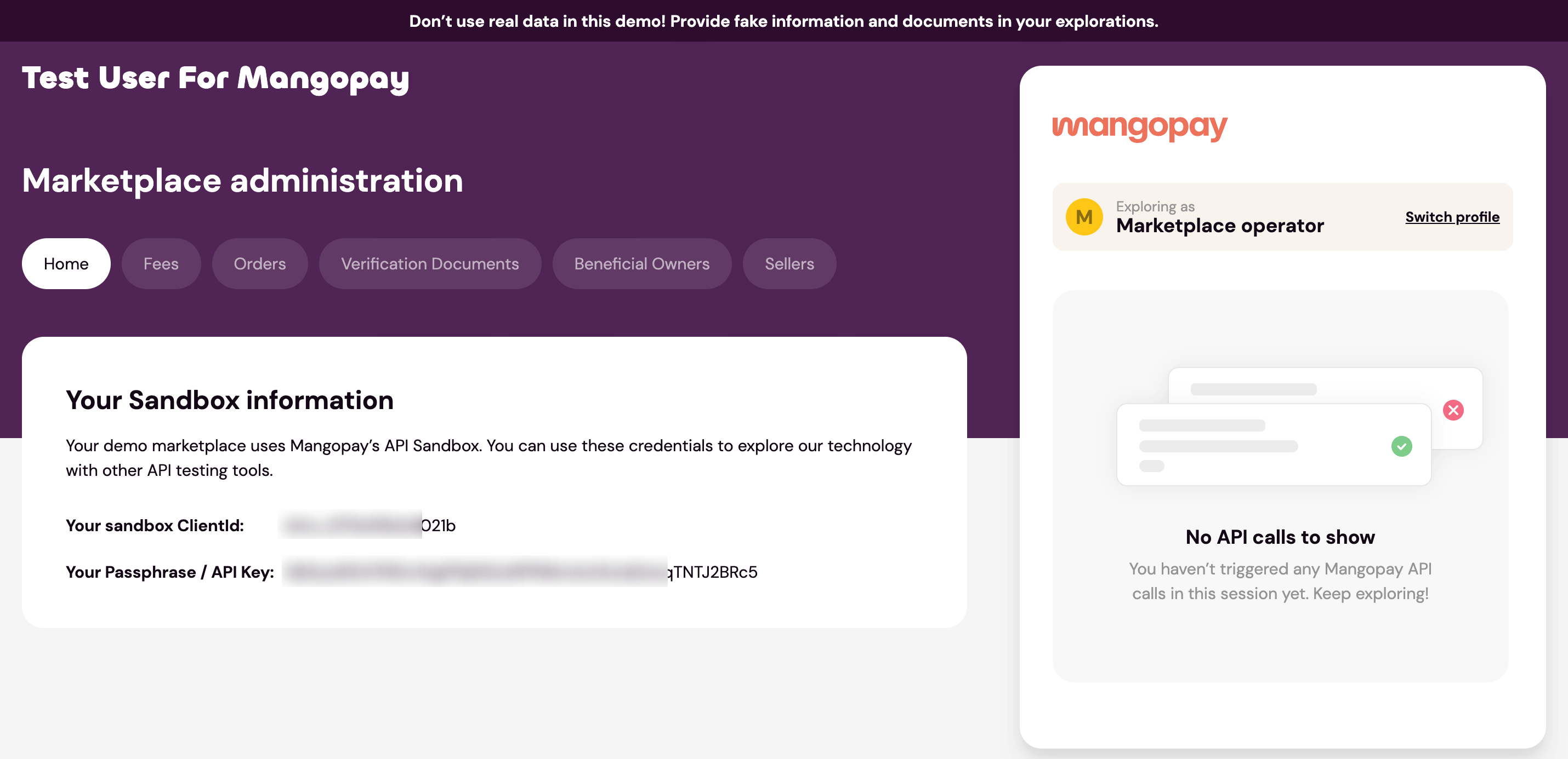 This is a screenshot of mangopay sandbox client id