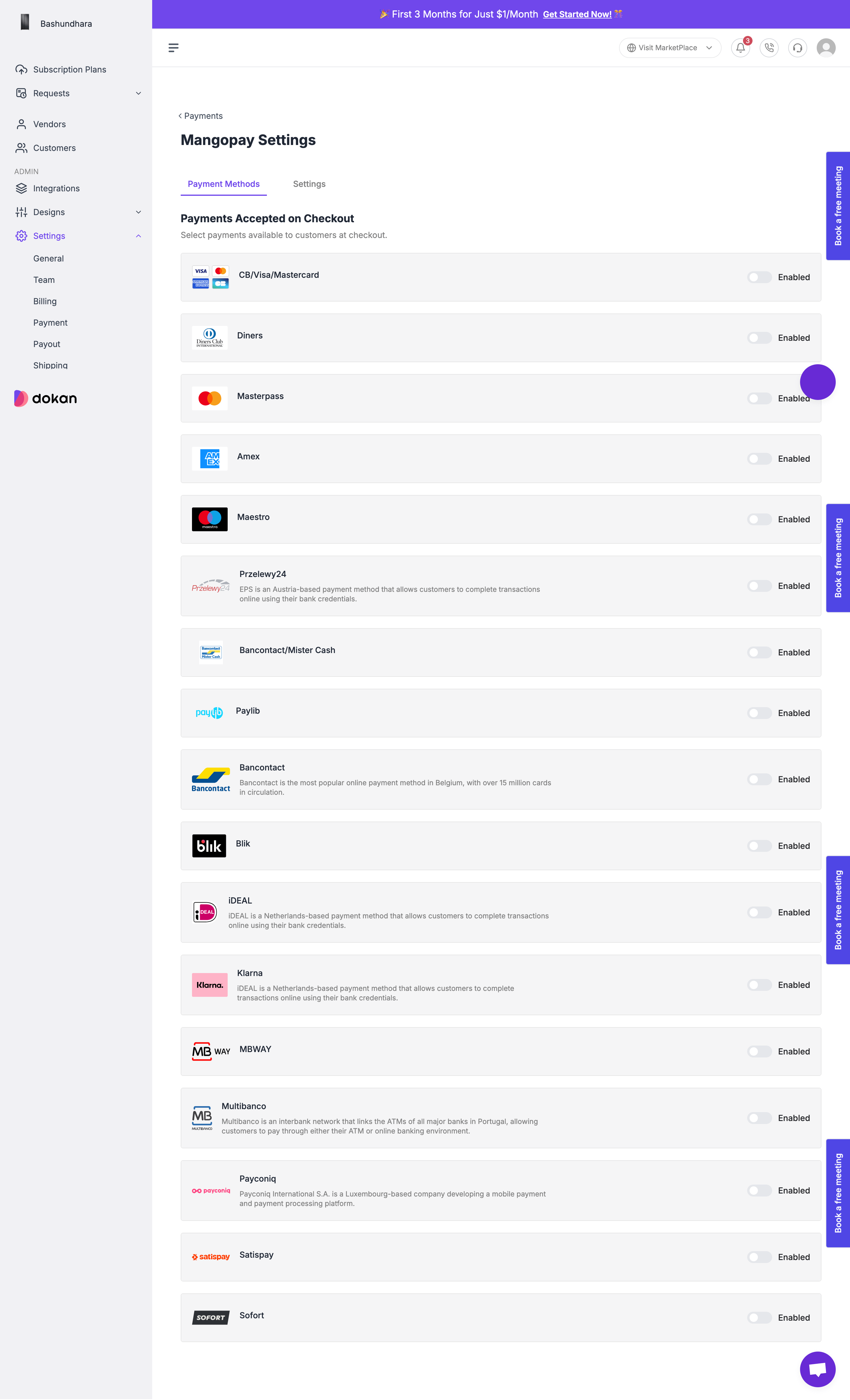 This is a screenshot of payment methods of Mangopay