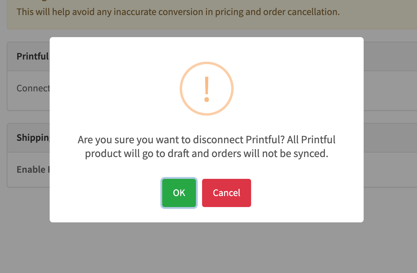 This is a screenshot of printful disconnect warning