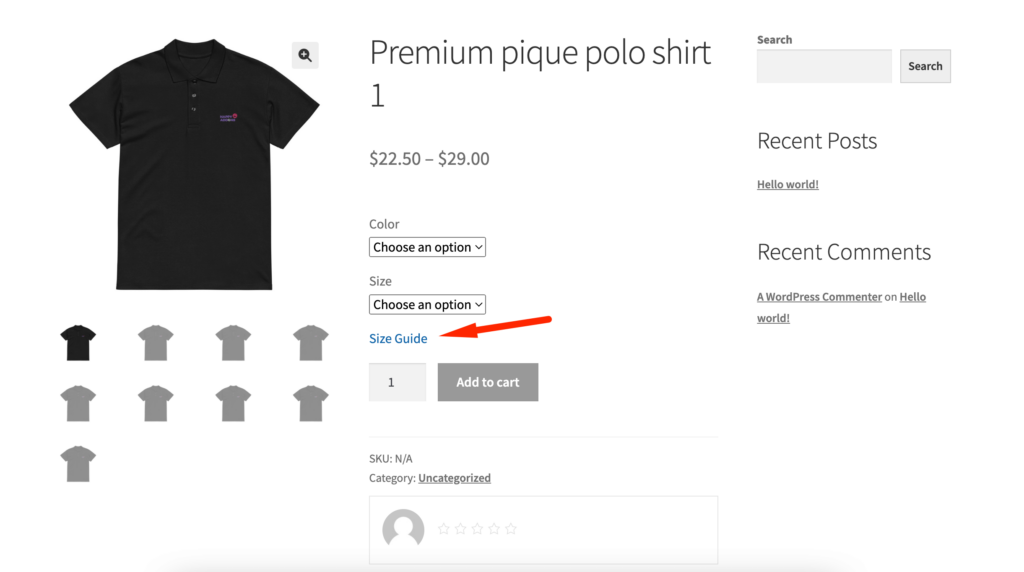 This is a screenshot of size guide option in single product page