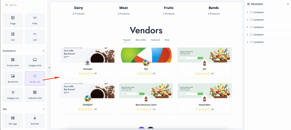 This is a screenshot of vendor list widget