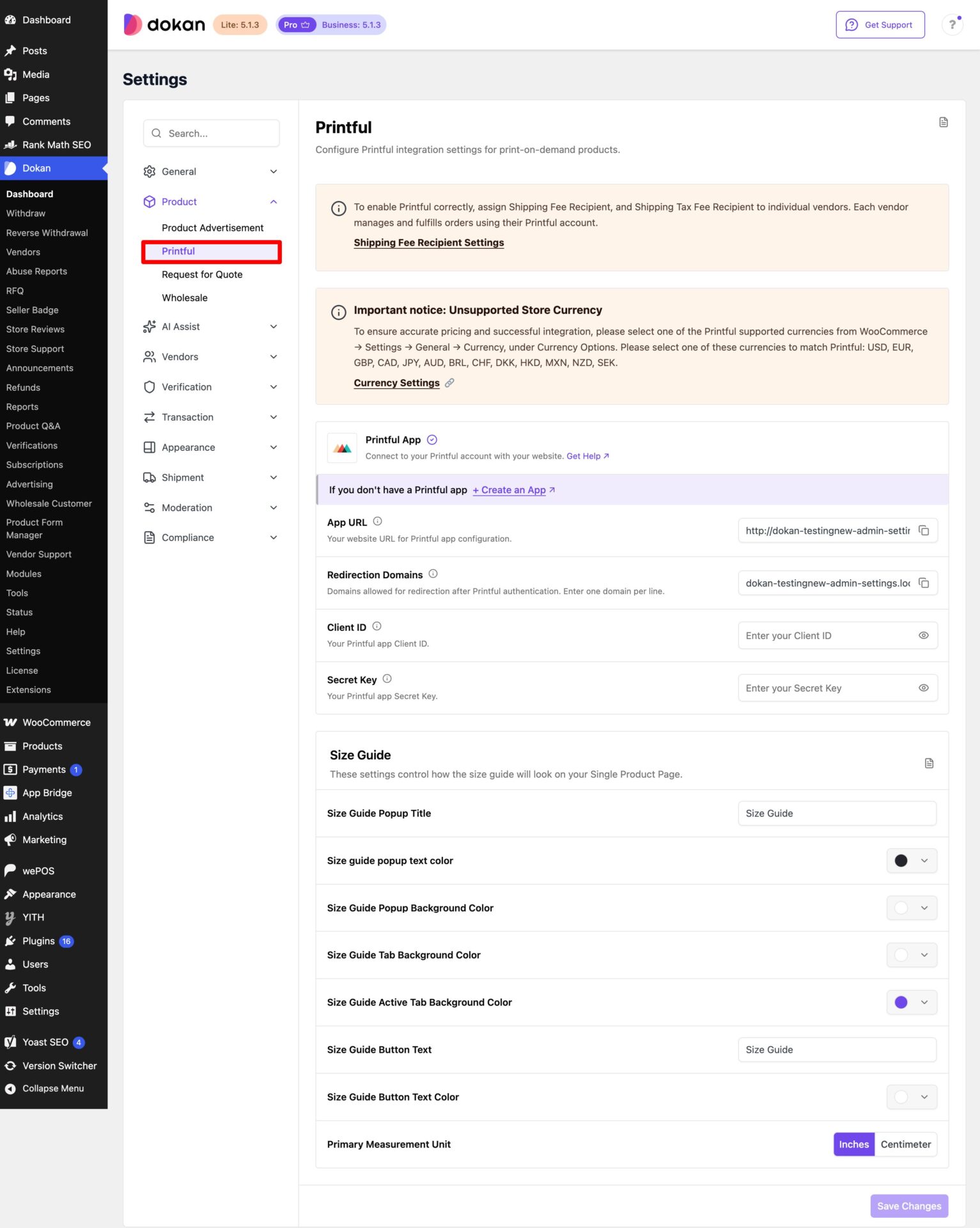 This is a screenshot of Printful Settings