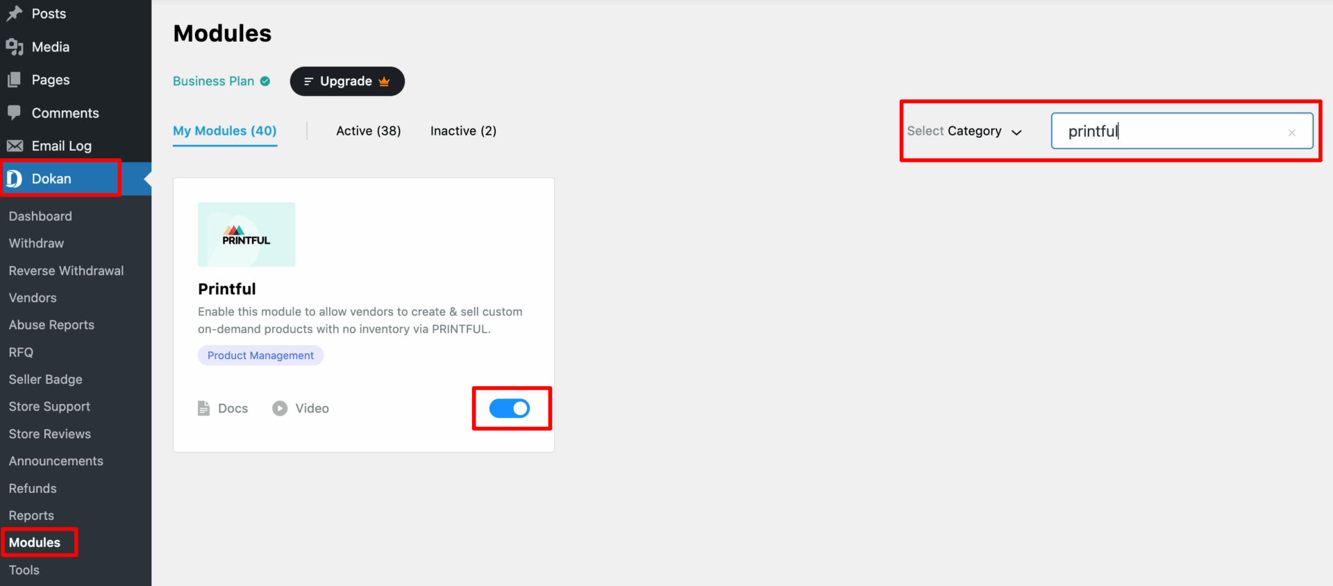 This image shows how to enable the Dokan printful module 