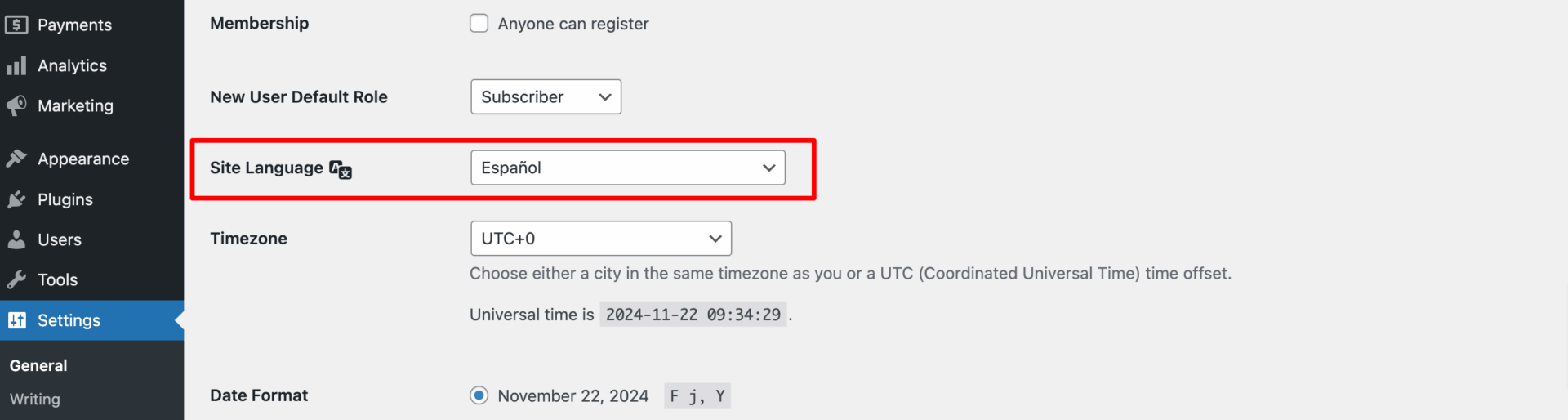 Set site language 