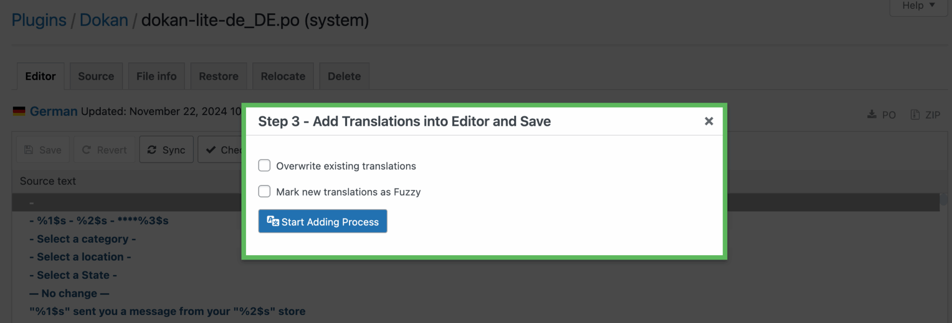 Click start adding process to translate the plugin