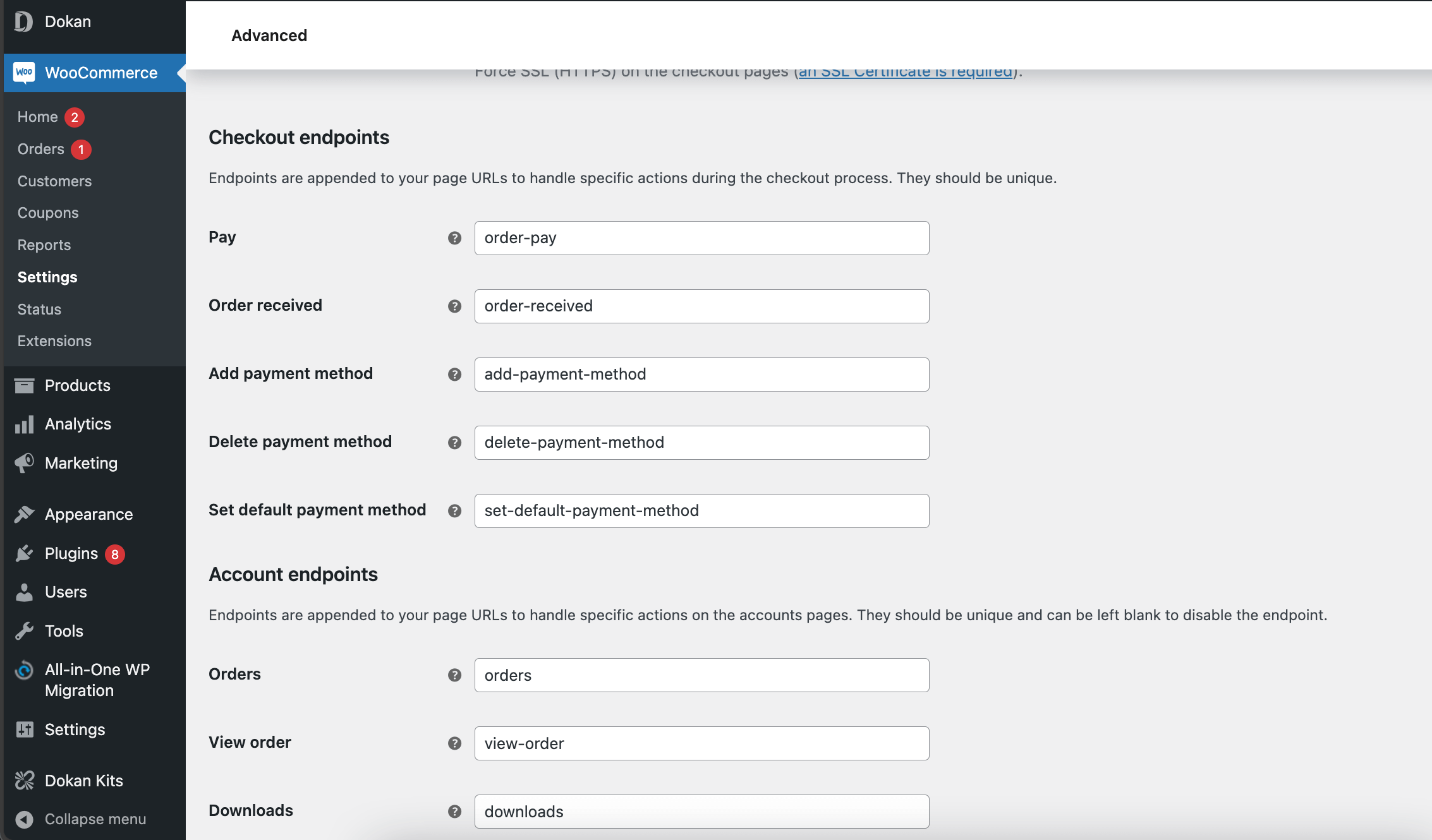 This is a screenshot of checkout endpoints