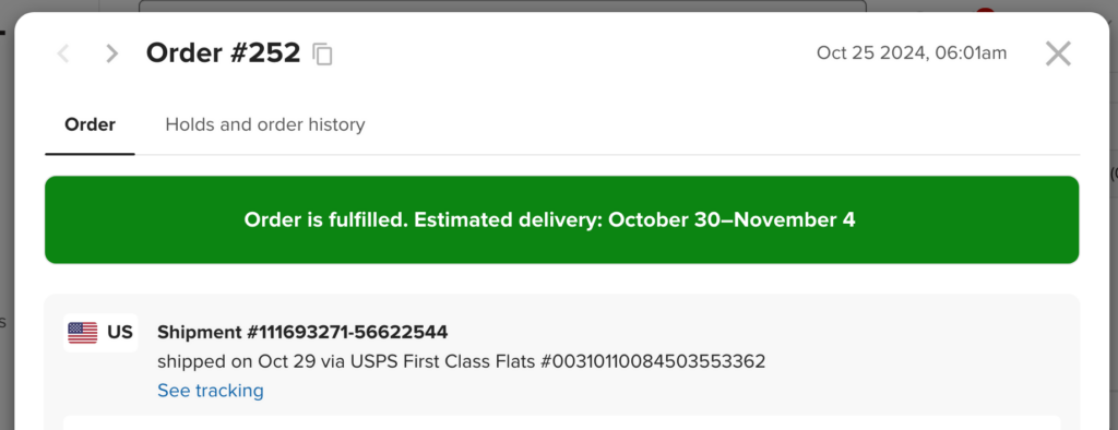 This is a screenshot of Shipped order