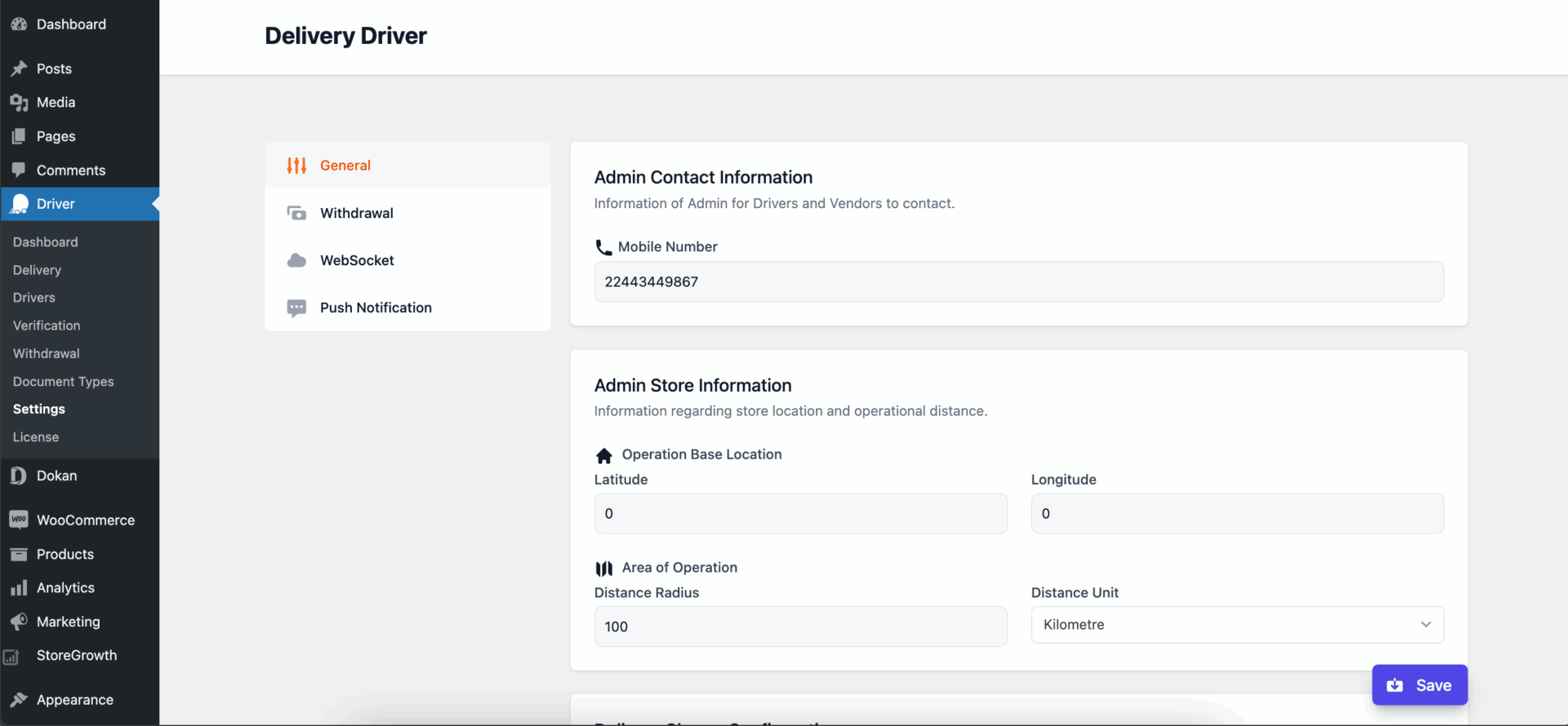 This is a screenshot of delivery driver settings