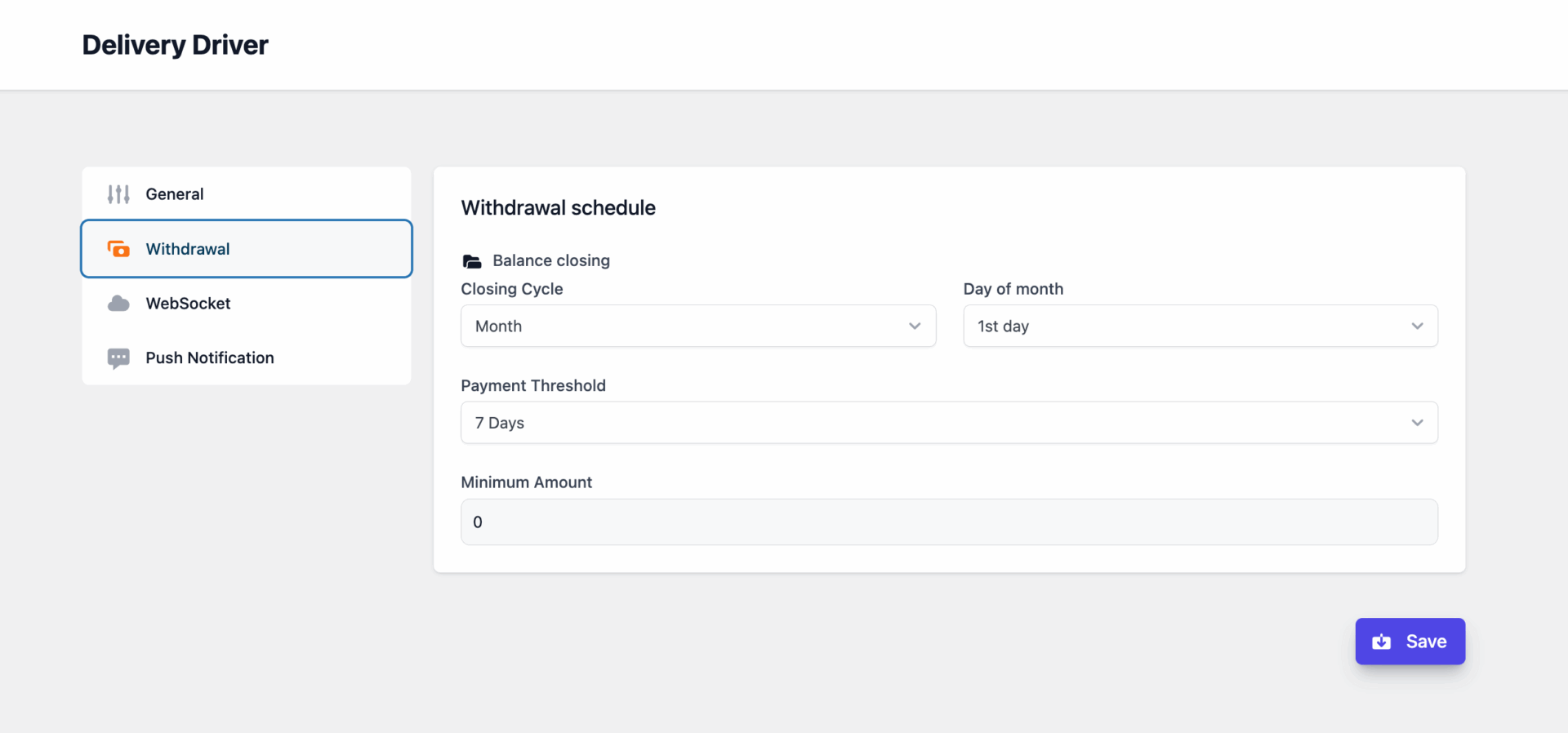 This is a screenshot of delivery driver withdrawal settings