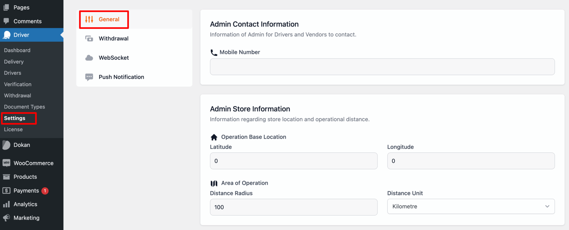 This image shows the general settings page