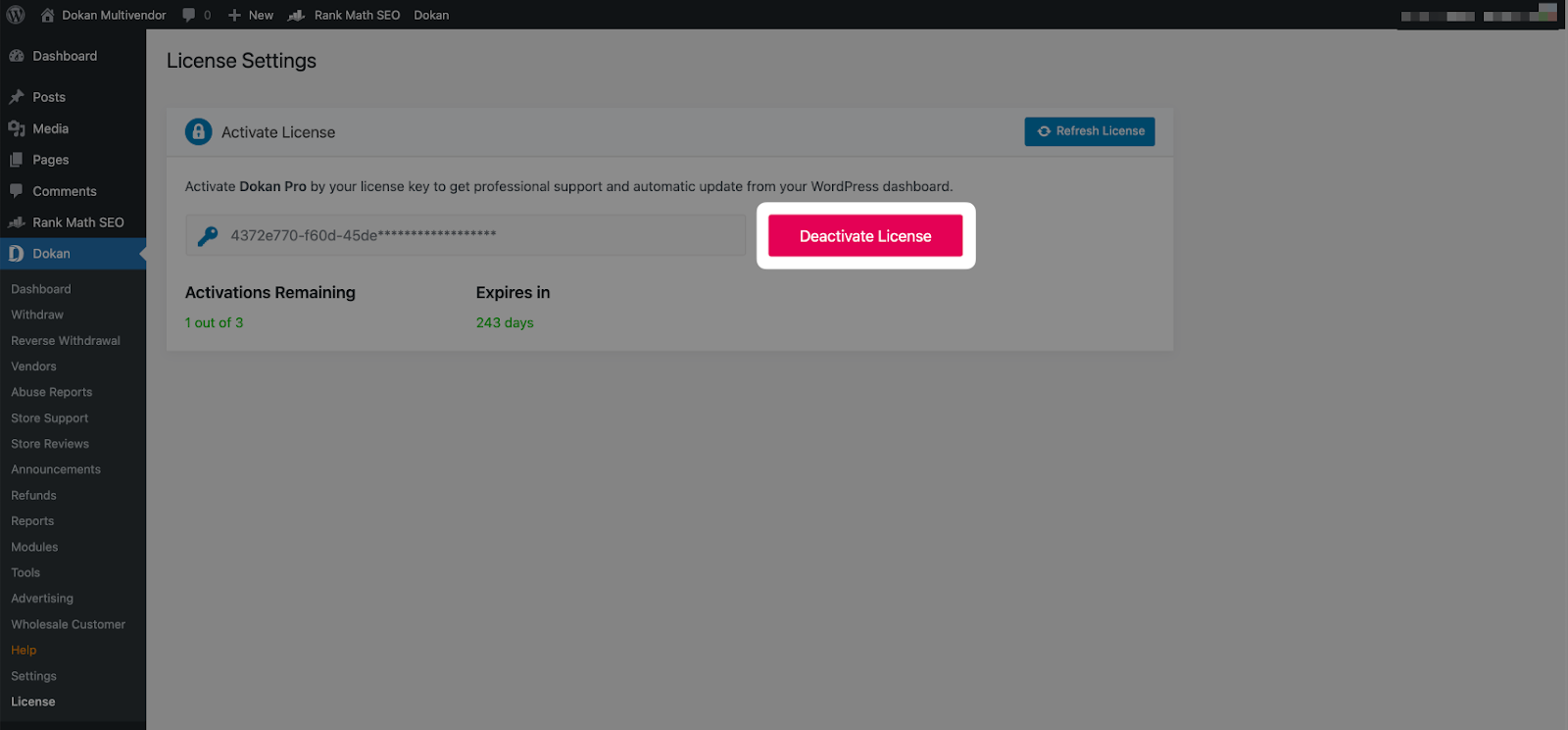 Dokan Plugin License Screen - Deactivate License Button