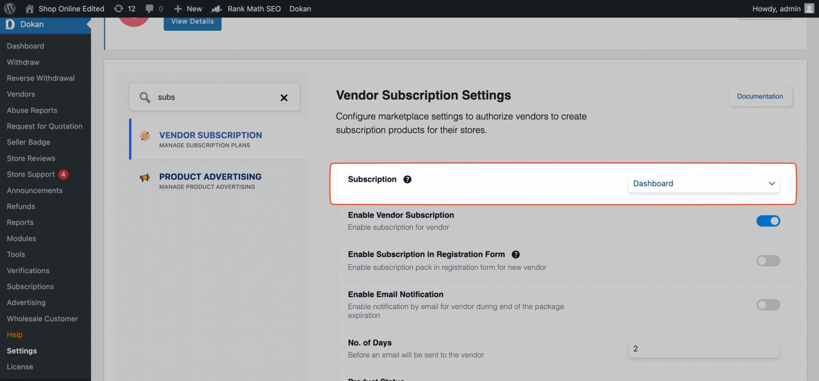 Subscription page setting