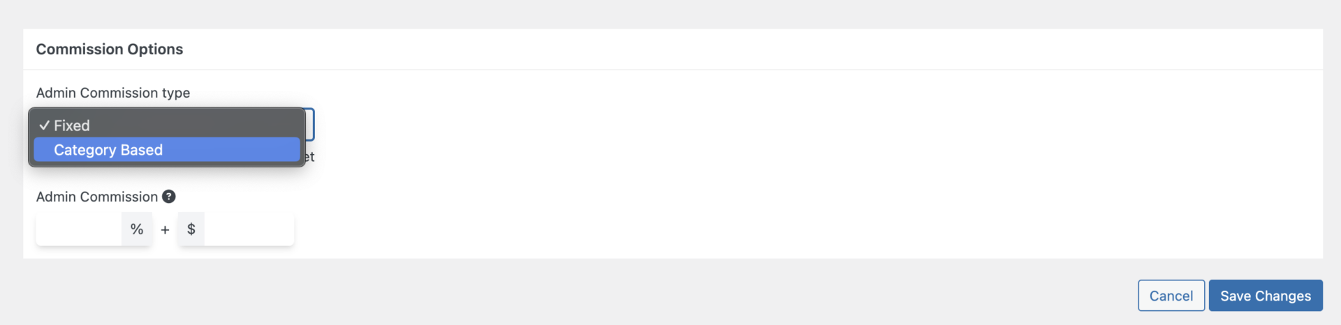 This is a screenshot of commission option