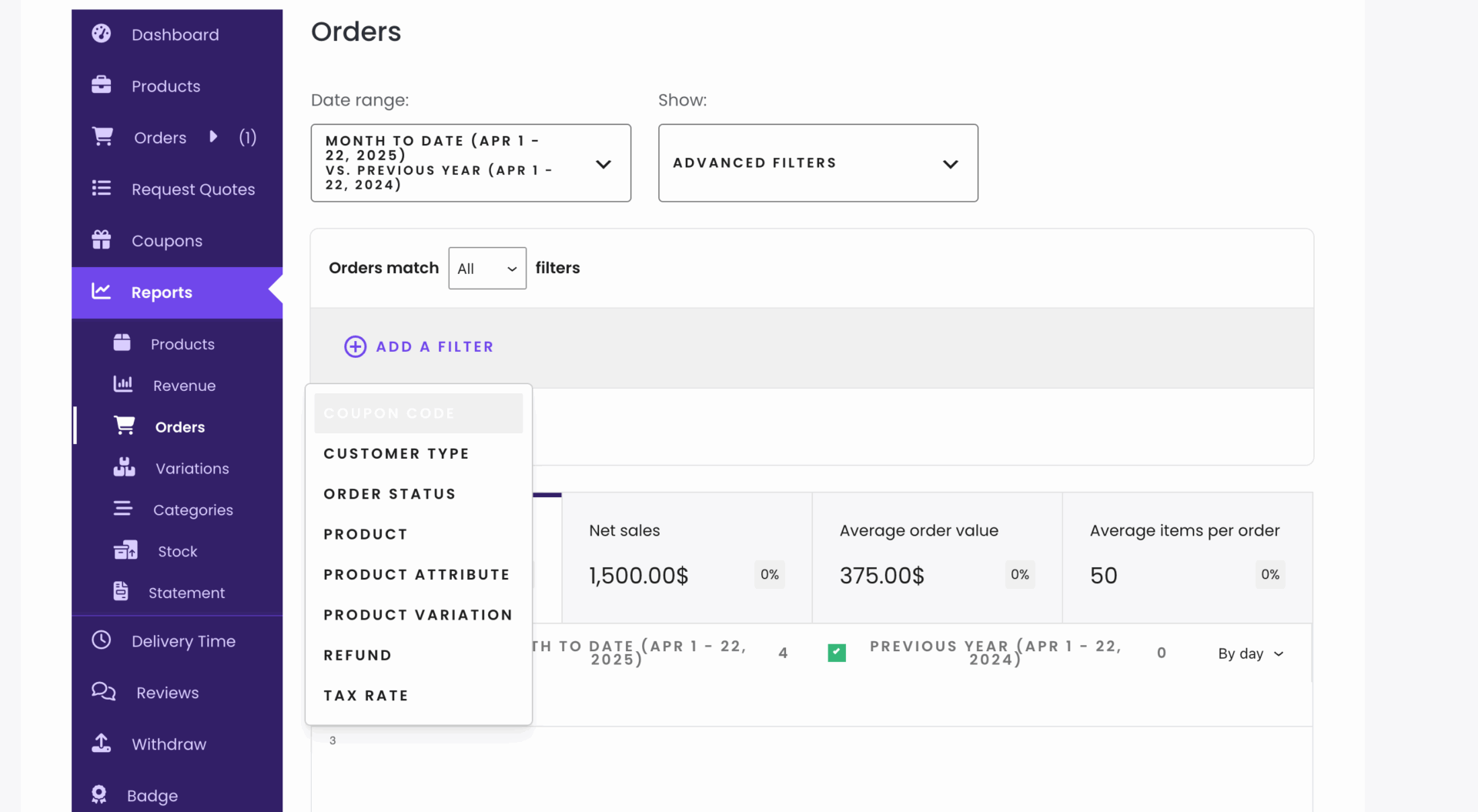 This is a screenshot of order filters