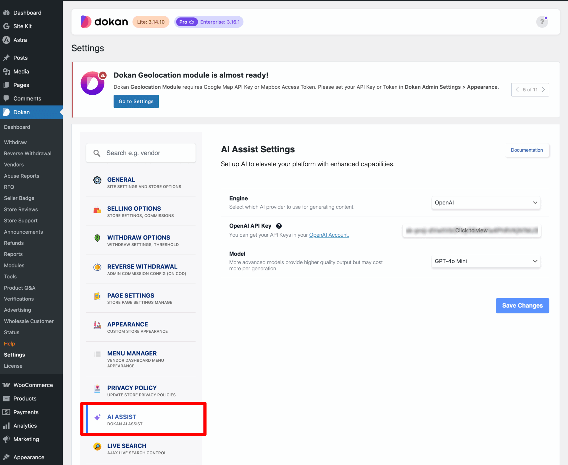 Dokan AI Assistant 1 This is a screenshot of settings