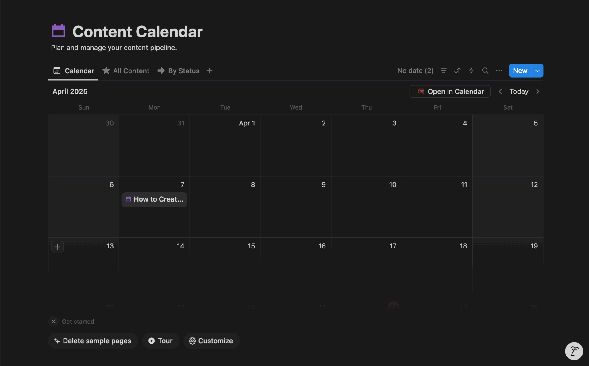 This is a screenshot of using Notion to create content calendar