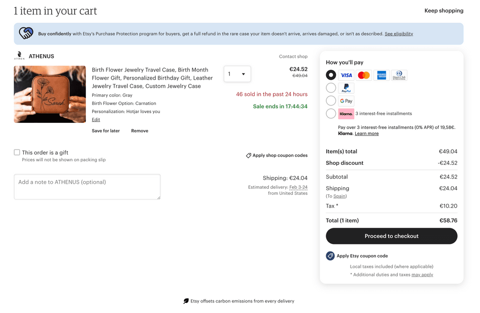 Why is My eCommerce Site not Selling: 13 Reasons and Fixes 6 this is a screenshot of Etsy_precheckout page
