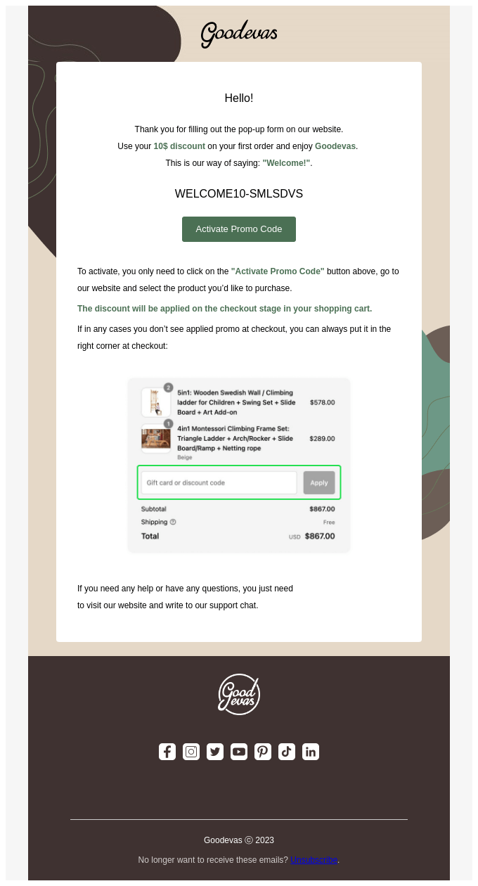 This is a screenshot of welcome email