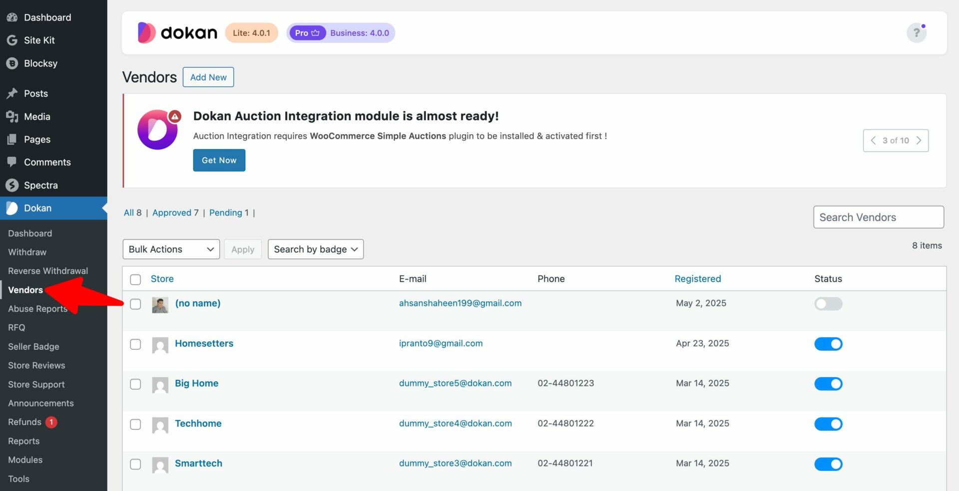 This is a screenshot of vendor