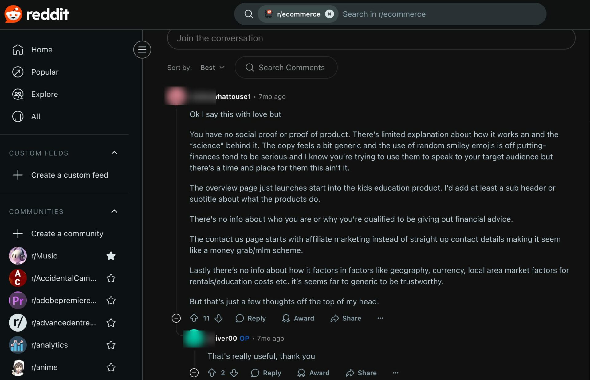 Why is My eCommerce Site not Selling: 13 Reasons and Fixes 2 This is a screenshot of a reddit post on how to increase sales