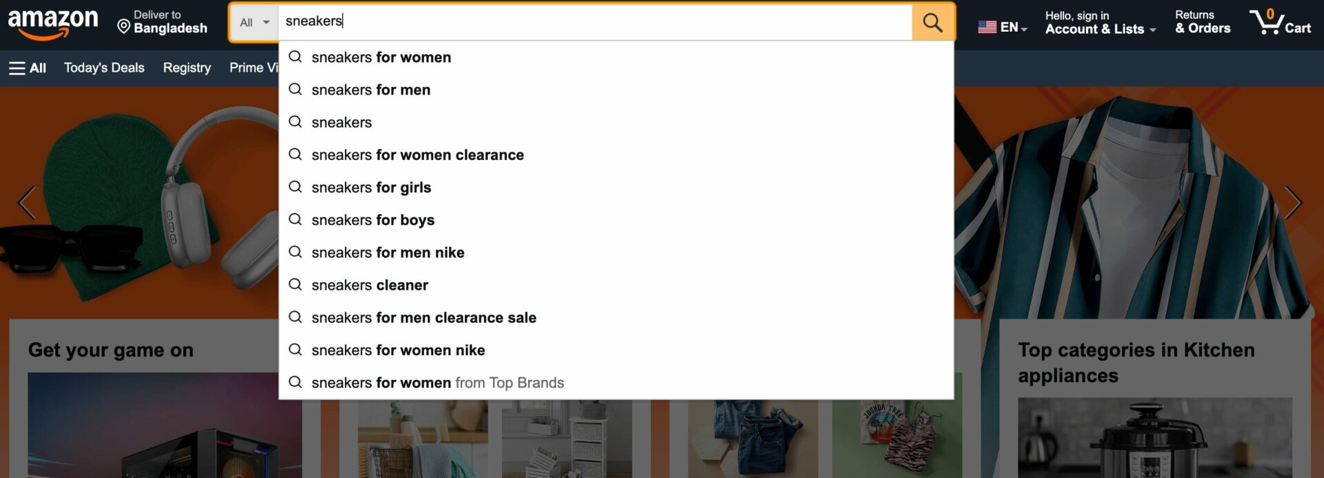 Amazon marketplace showing AI powered auto suggestions for sneakers