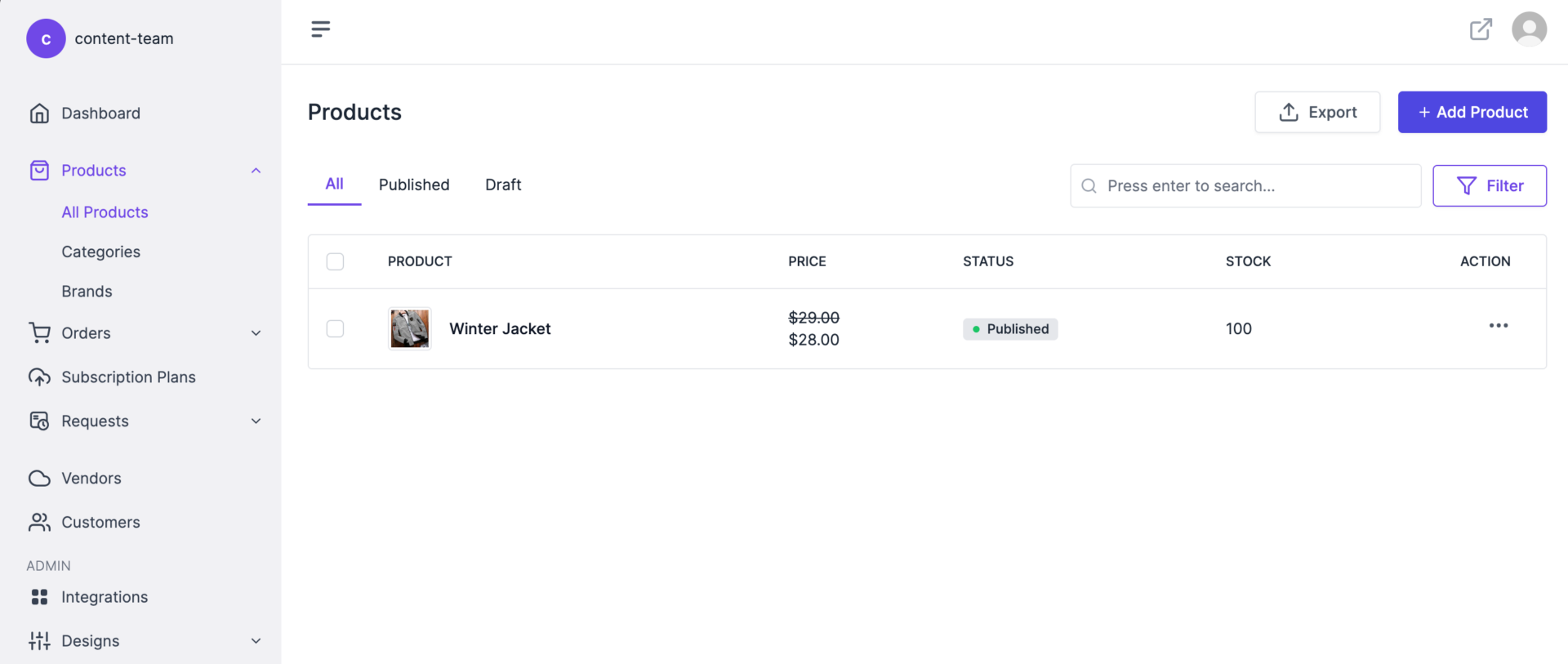 This is a screenshot of product is published in the backend