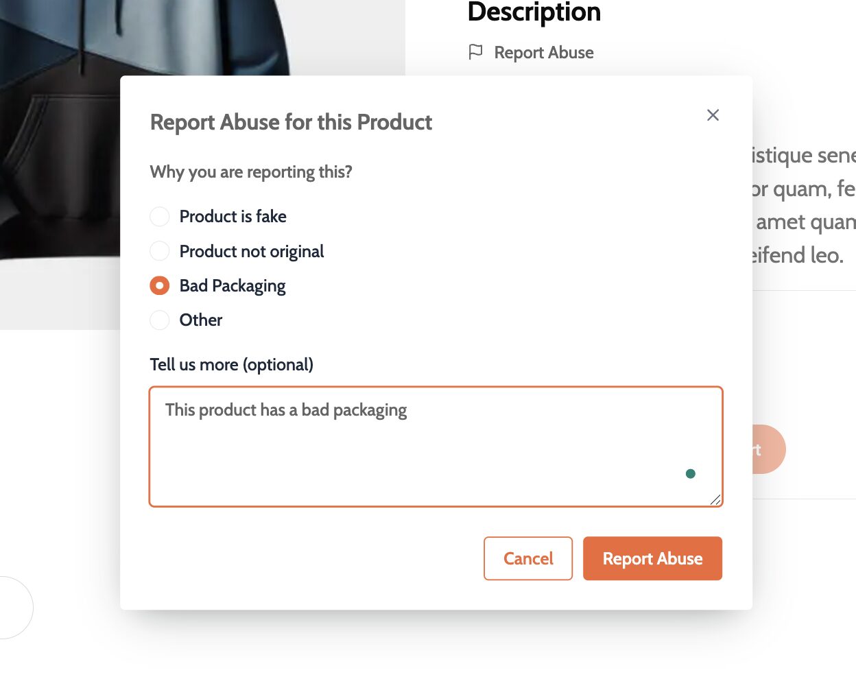 This is a screenshot of report abuse pop-up